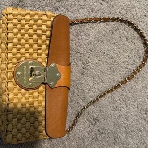 Michael Kors Tan and Brown Woven straw Bag with leather and gold chain